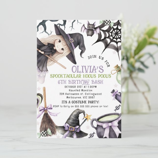 Halloween Lila Blonde Little Witch Birthday Inbjudningar (Stående Fram)