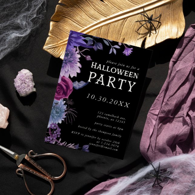 Halloween Lila Gothic Blommigt Party Inbjudningar (Halloween Purple Gothic Floral Party Invitation)