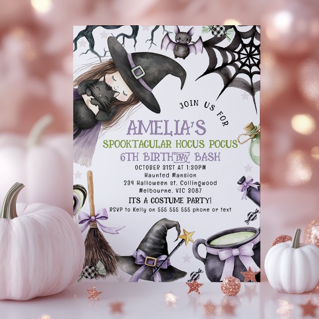 Halloween Lila Grönt Little Witch Birthday Inbjudningar (Little Witch Halloween Birthday Invitation, Witch Birthday Invitations, Halloween Birthday Invite)
