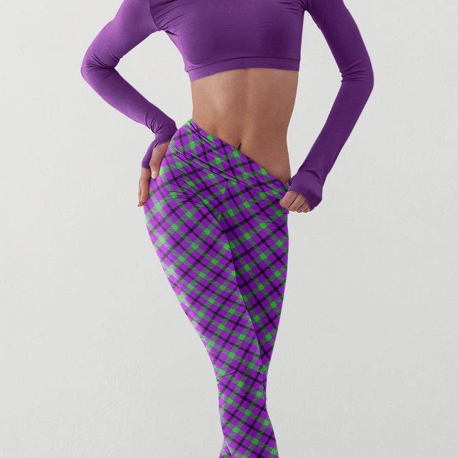 Halloween Lila Grönt Tartan Modern Mönster Leggings (Skapare uppladdad)