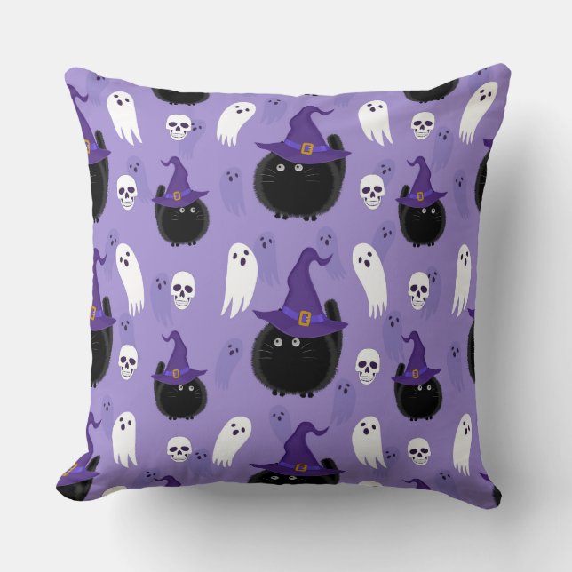 HALLOWEEN LILA MED SVARTA KATTER & WHITE SPÖKEN KUDDE (Framsida)
