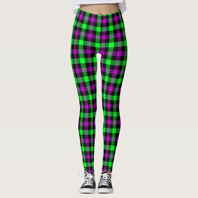 Halloween Lila och Neon Grönt Tartan Leggings (Framsida)