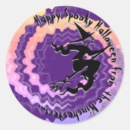 Halloween lila som flyger trollstavstext roligt runt klistermärke