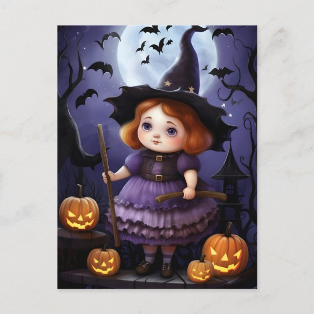 Halloween Lila Witch Girl Illustration Helg Vykort (Framsida)