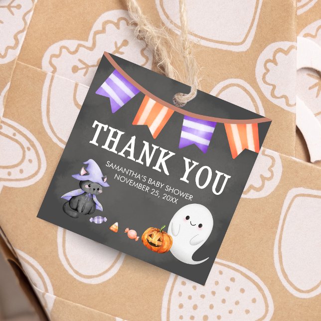 Halloween Little Boo Ghost Baby Shower Square Gåvor Etiketter (Halloween A Little Boo is Almost Due Ghost Baby Shower Square Favor Tags)
