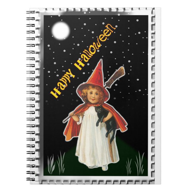 Halloween - Little Girl with Broom and Black Cat Anteckningsbok (Framsidan)