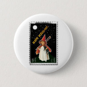 Halloween - Little Girl with Broom and Black Cat Knapp