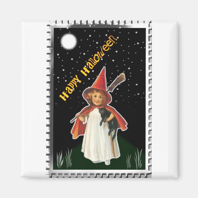 Halloween - Little Girl with Broom and Black Cat Magnet (Framsidan)
