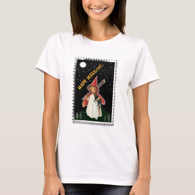 Halloween - Little Girl with Broom and Black Cat T Shirt (Framsida)