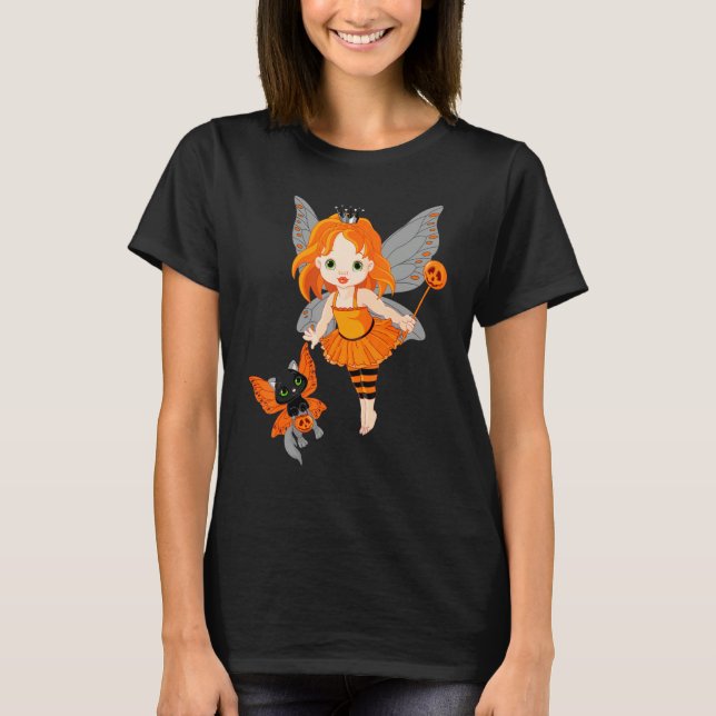 Halloween Little Orange Fairy With A Black Cat T Shirt (Framsida)