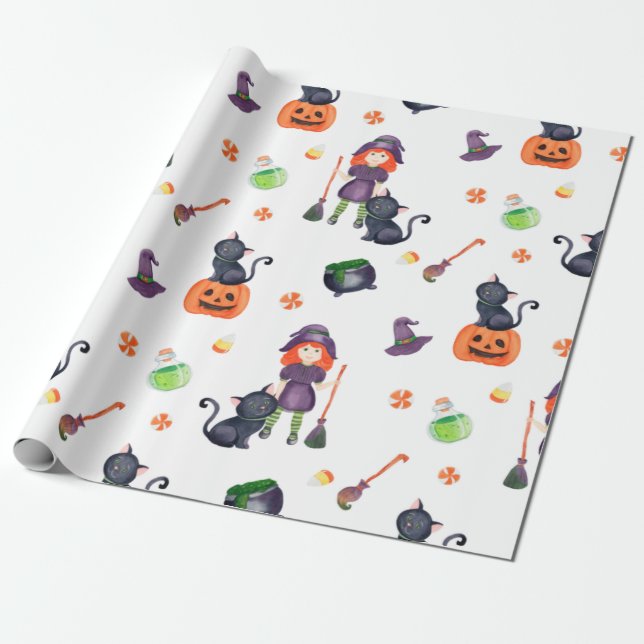 Halloween Little Witch, Black Cat och Pumpkin Cute Presentpapper (Utrullad)