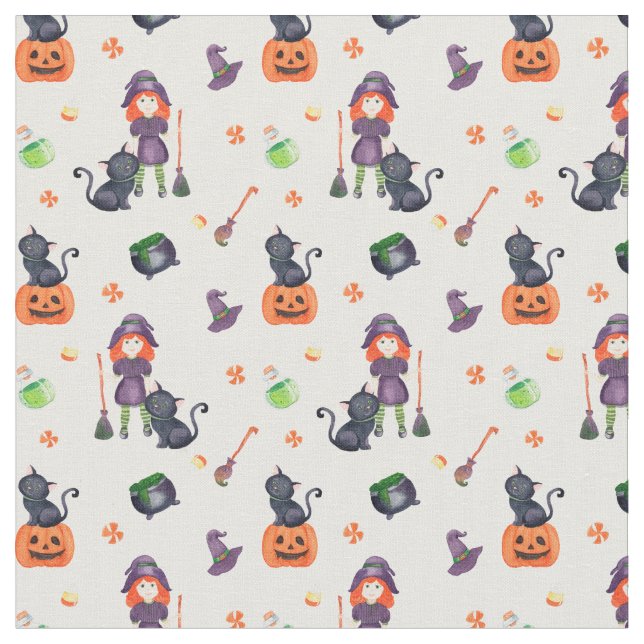 Halloween Little Witch, Black Cat och Pumpkin Cute Tyg (Närbild)
