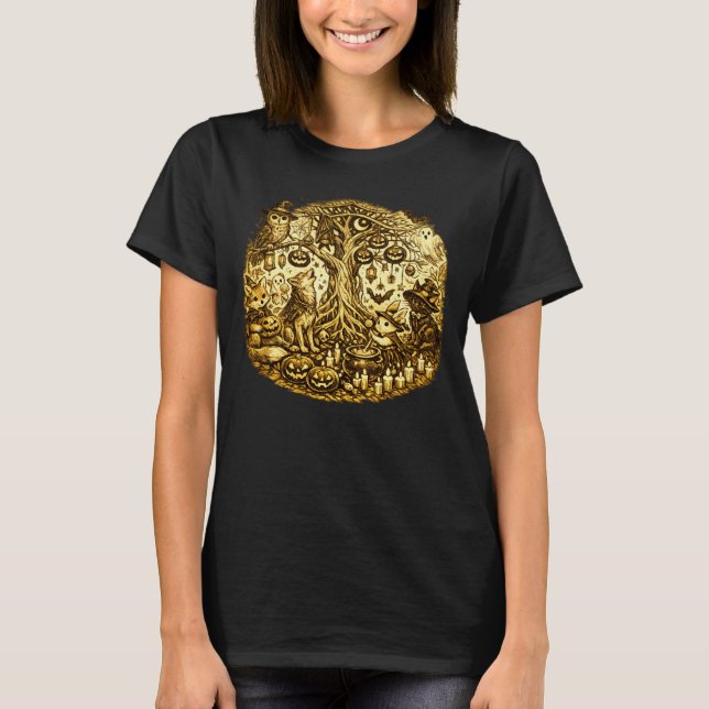 Halloween Livets Träd Skogsdjur Skiss  T Shirt (Framsida)