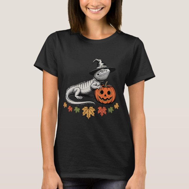Halloween Lizard med Pumpkin Hat T Shirt (Framsida)