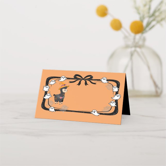 Halloween Llama Wearing Witch Hat Orange Placeringskort (Framsida)
