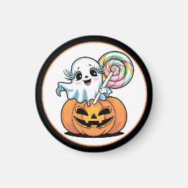 Halloween Lollipop Ghost On Pumpkin Magnet