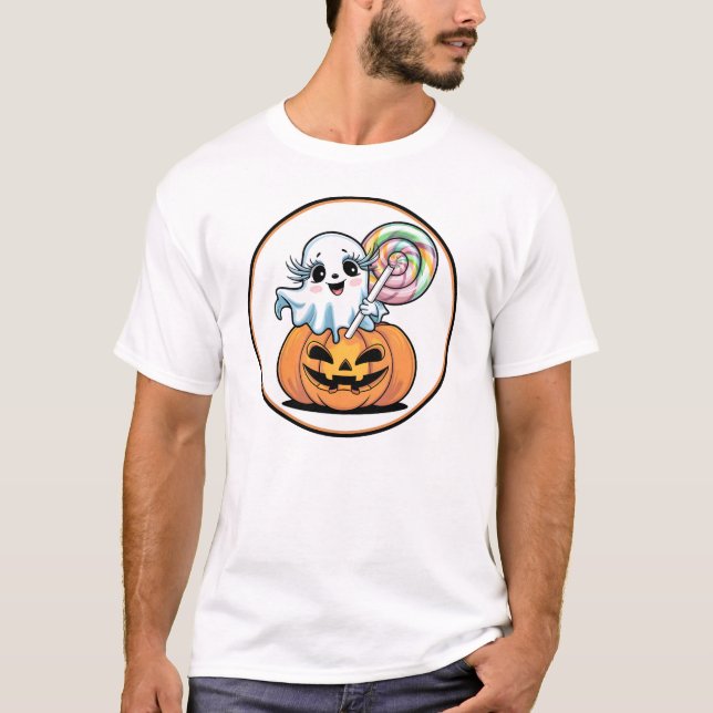 Halloween Lollipop Ghost On Pumpkin T Shirt (Framsida)