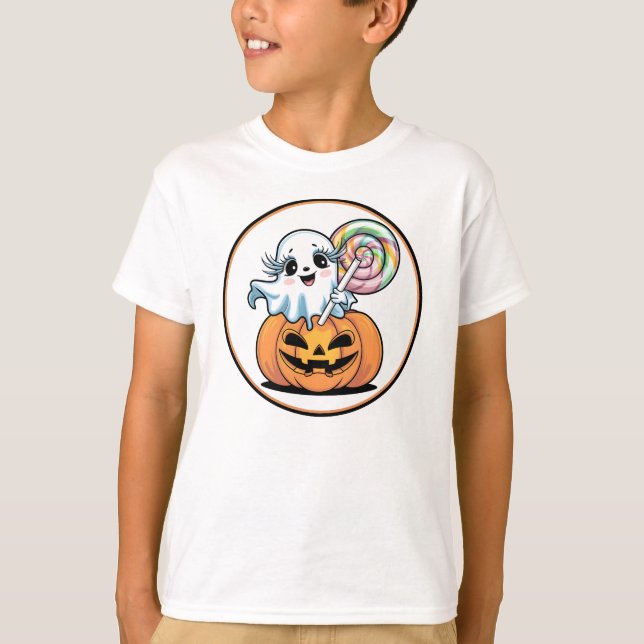 Halloween Lollipop Ghost på Pumpkin T Shirt (Framsida)