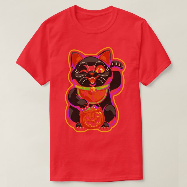 Halloween Lucky Black Cat Maneki Neko T Shirt (Design framsida)