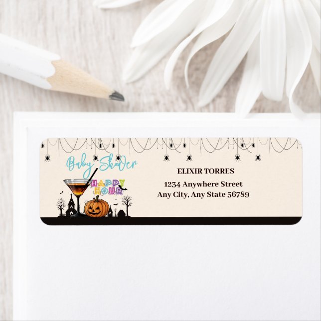 Halloween Lycklig Hour Pumpkin Cocktail Baby Showe Returadress Etikett (Insitu)