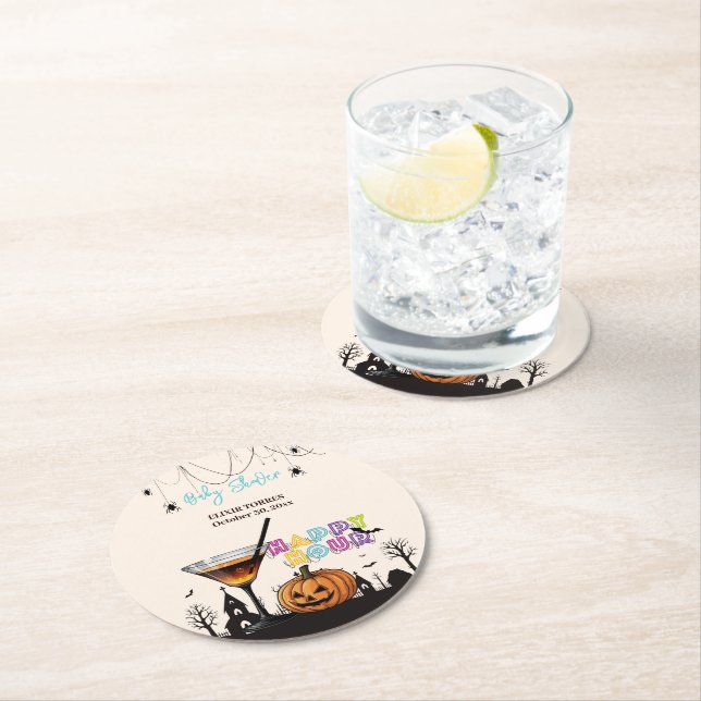 Halloween Lycklig Hour Pumpkin Cocktail Baby Showe Underlägg Papper Rund (Insitu)