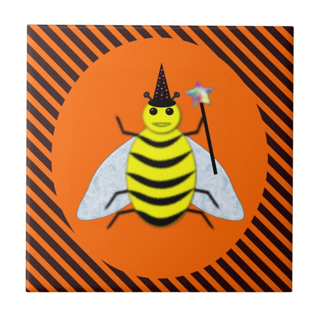 Halloween magi Bee Witch Orange och Black Rand Kakelplatta (Framsidan)