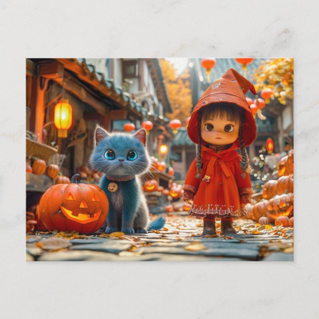 Halloween-magi med pumpor och katt helg vykort (Framsida)