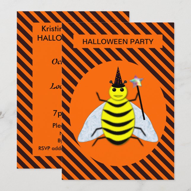 Halloween Magic Bee Witch Orange och Black Rand Inbjudningar (Fram/baksida)