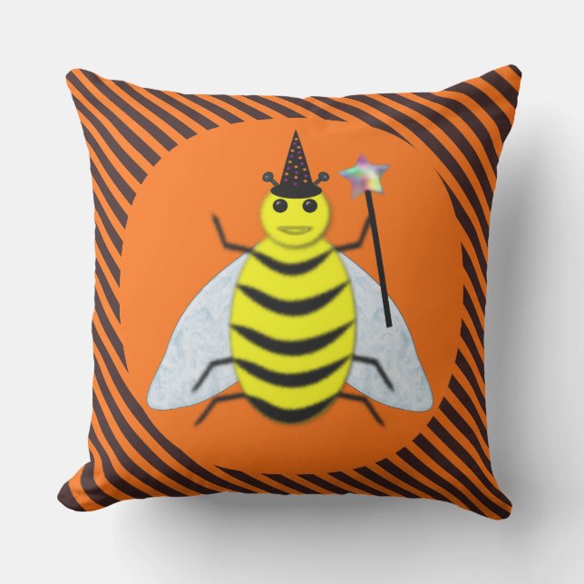 Halloween Magic Bee Witch Orange och Black Rand Kudde (Framsida)