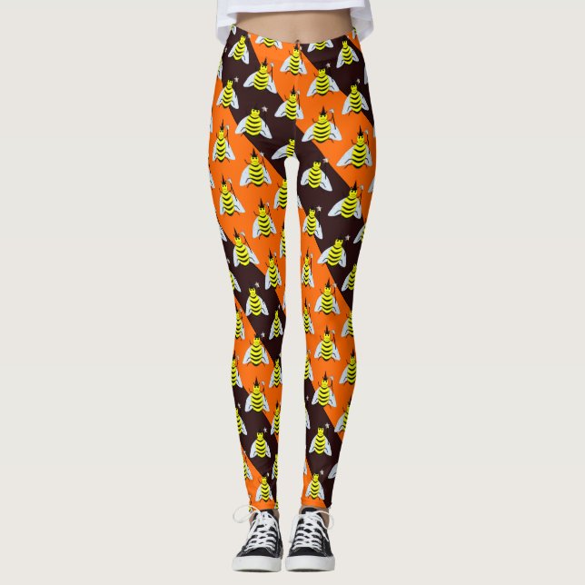 Halloween Magic Bee Witch Orange och Black Rand Leggings (Framsida)
