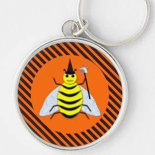 Halloween Magic Bee Witch Orange och Black Rand Rund Silverfärgad Nyckelring