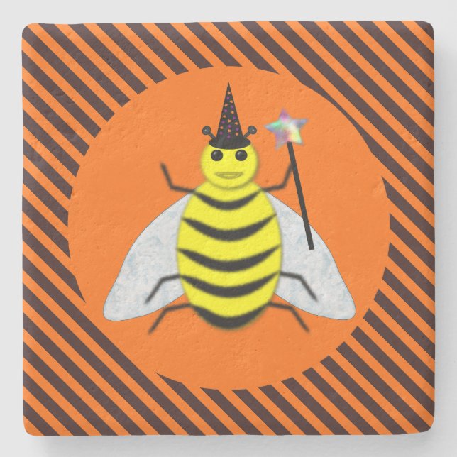 Halloween Magic Bee Witch Orange och Black Rand Stenunderlägg (Framsidan)