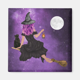 Halloween Magic Flies Witch Full Moon Magnet