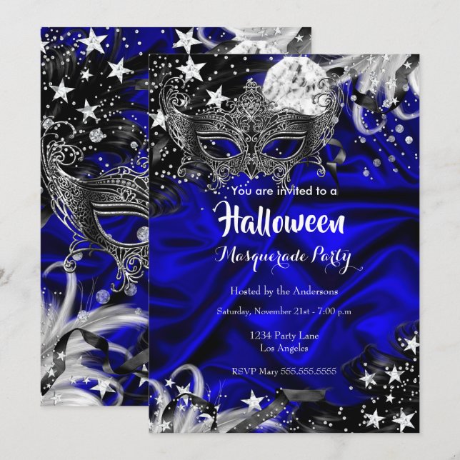 Halloween Magisk Natt Maskerad Fest blå Inbjudningar (Fram/baksida)
