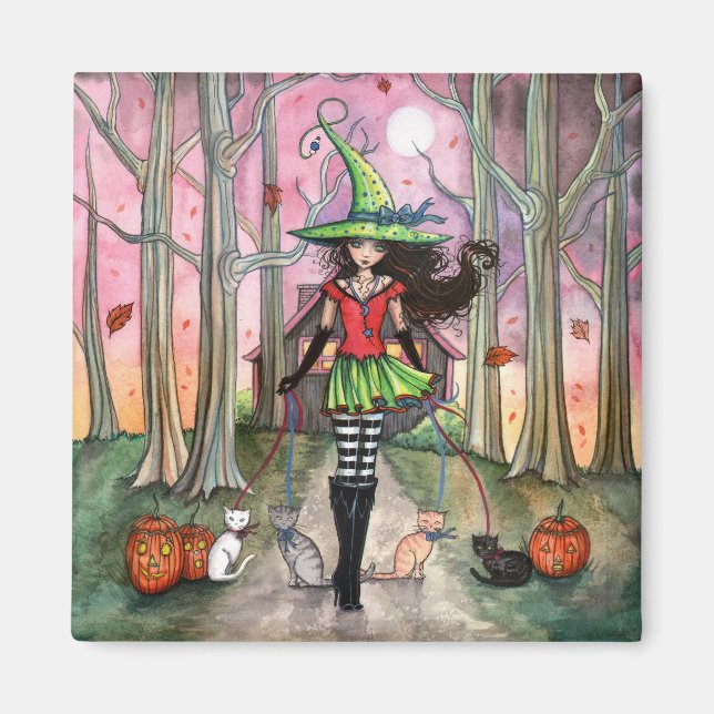 Halloween Magnet Häxa och Katter (Framsidan)