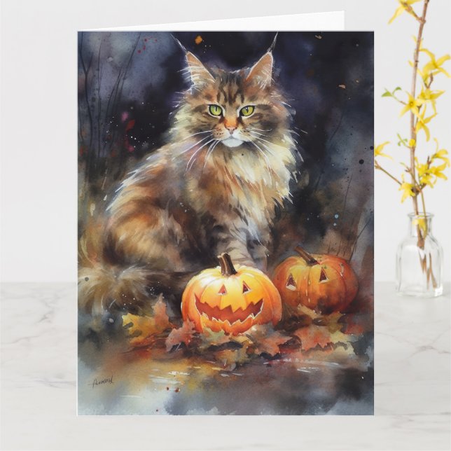 Halloween Maine Coon Cat med pumpor Scary Kort (Gul blomma)