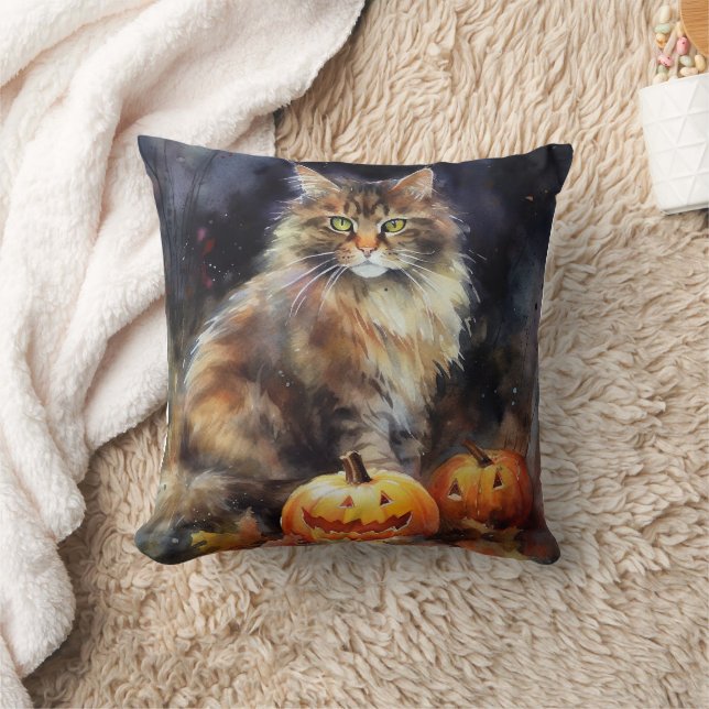 Halloween Maine Coon Cat med pumpor Scary Kudde (Filt)