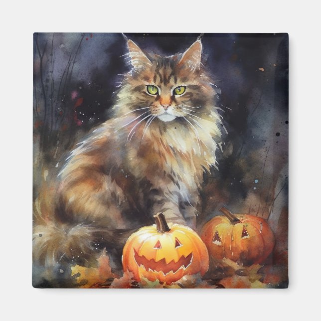 Halloween Maine Coon Cat med pumpor Scary Magnet (Framsidan)