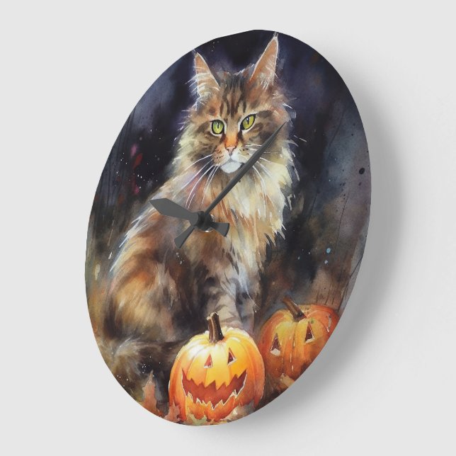 Halloween Maine Coon Cat med pumpor Scary Stor Klocka (Vinkel)