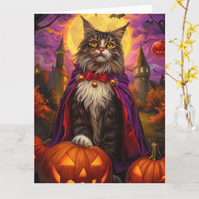 Halloween Maine Coon Cat Vampire Pumpkins Scary Kort (Gul blomma)