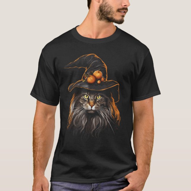 Halloween Maine Coon Katt Hekta Design T Shirt (Framsida)