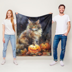 Halloween Maine Coon Katt Med Pumpa Skräck Fleecefilt