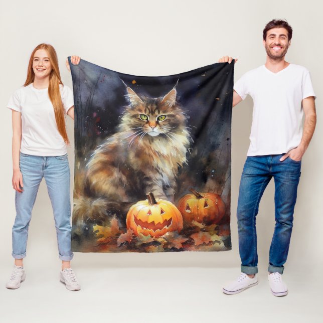 Halloween Maine Coon Katt Med Pumpa Skräck Fleecefilt (På plats)