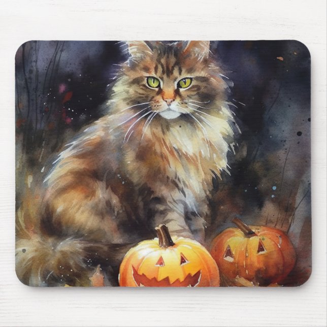 Halloween Maine Coon Katt Med Pumpa Skräck Musmatta (Framsidan)