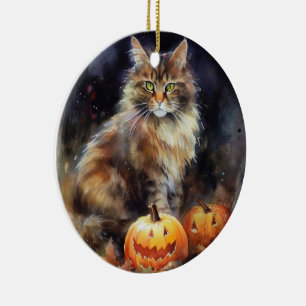 Halloween Maine Coon Katt Med Pumpa Skräckinjagand Julgransprydnad Keramik