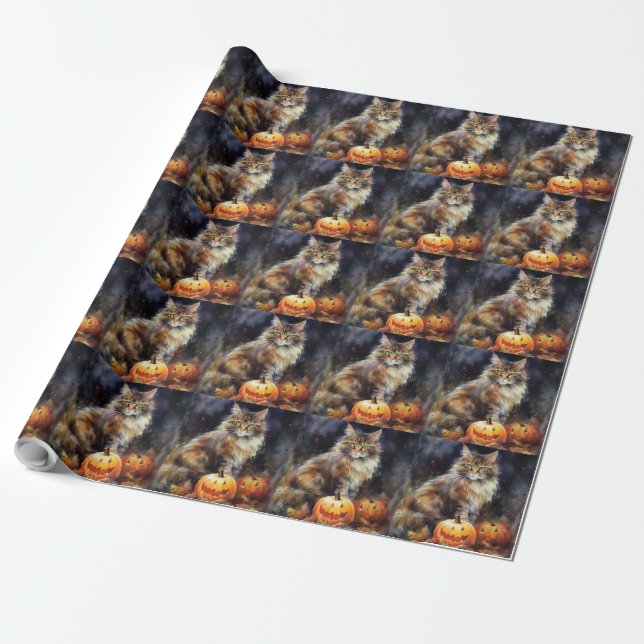 Halloween Maine Coon Katt Med Pumpa Skräckinjagand Presentpapper (Utrullad)