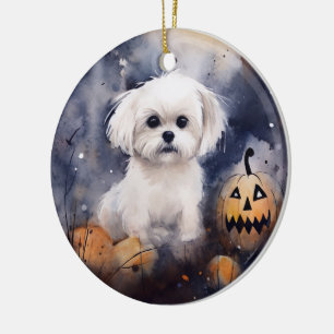 Halloween Maltese with Pumpkins Scary Julgransprydnad Keramik