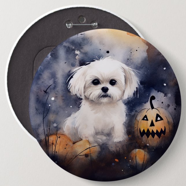 Halloween Maltese with Pumpkins Scary Knapp (Framsida & baksida)