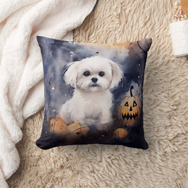 Halloween Maltese with Pumpkins Scary Kudde (Filt)