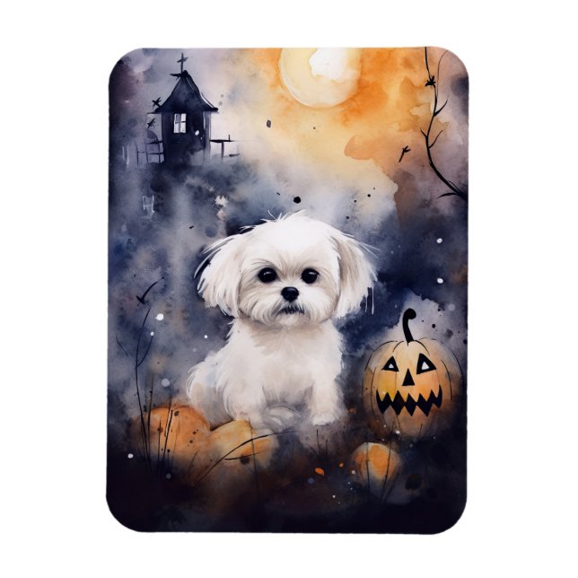 Halloween Maltese with Pumpkins Scary Magnet (Vertikal)